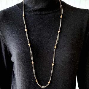 Vintage Long Multi Strand Mixed Metal Ball Chain Copper Barrel Beads Necklace